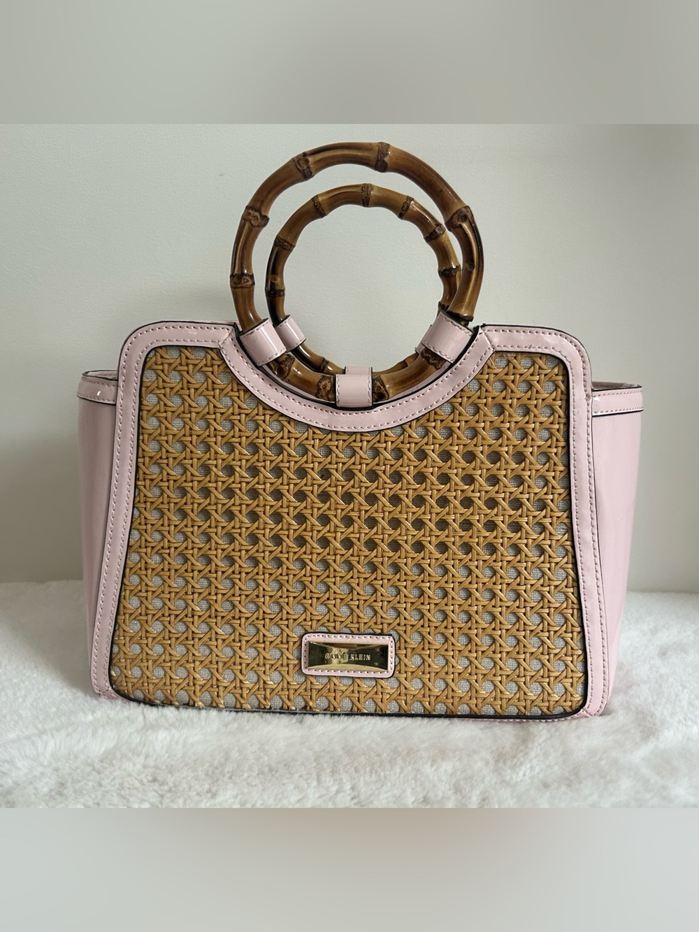 Anne Klein Rattan & Bamboo Handle Tote ~ Pastel Pink ~ Crossbody Strap ~ EUC